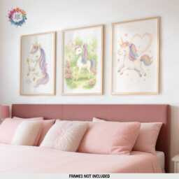 Unicorn Nursery Artwork - Set Of 3 - Girls Bedroom Prints Rainbow Unicorns Wall Art Posters - thumbnail 1