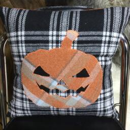 "Halloween Room Decor, ""Jack-O-Lantern"" Orange Pumpkin, Handmade Tartan Pillow, Ideal Gift 12" - thumbnail 3