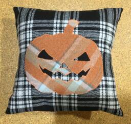 "Halloween Room Decor, ""Jack-O-Lantern"" Orange Pumpkin, Handmade Tartan Pillow, Ideal Gift 12" - thumbnail 1