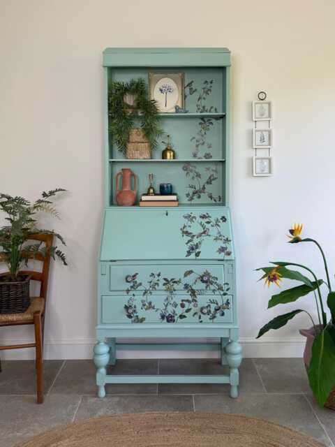 Secretary Bureau Desk Painted Light Blue With Floral Decor - image 1
