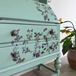 Secretary Bureau Desk Painted Light Blue With Floral Decor - thumbnail 3