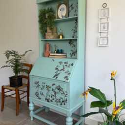 Secretary Bureau Desk Painted Light Blue With Floral Decor - thumbnail 2