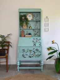 Secretary Bureau Desk Painted Light Blue With Floral Decor - thumbnail 1