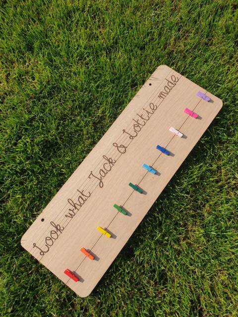 Look What We Made Nursery/School Art Work Display. This Is A Bigger Board For Siblings. Wooden Peg Laser Engraved With Your Names - image 1