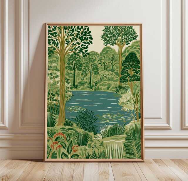 Woodland Lake Poster, Forest Landscape Wall Art, Nature Print - image 1