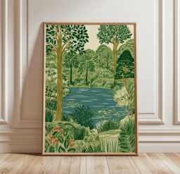 Woodland Lake Poster, Forest Landscape Wall Art, Nature Print - thumbnail 1