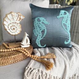 Beaded Sea Creature Pattern Art Silk Blue Pillow Sham, 24x24/26x26, Modern Style Euro Square Pillowcase - Horse - thumbnail 1