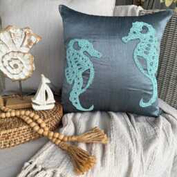 Beaded Sea Creature Pattern Art Silk Blue Pillow Sham, 24x24/26x26, Modern Style Euro Square Pillowcase - Horse - thumbnail 2