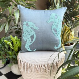Beaded Sea Creature Pattern Art Silk Blue Pillow Sham, 24x24/26x26, Modern Style Euro Square Pillowcase - Horse - thumbnail 3