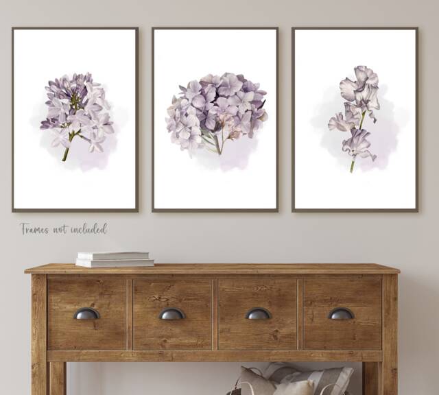 Lilac Flower Prints, Purple Hydrangea Watercolour Set Of 3 Floral Bedroom Lavender Wall Art, Living Room Prints - image 1