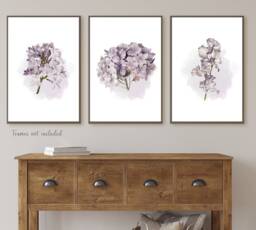 Lilac Flower Prints, Purple Hydrangea Watercolour Set Of 3 Floral Bedroom Lavender Wall Art, Living Room Prints - thumbnail 1