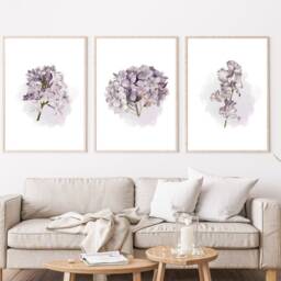 Lilac Flower Prints, Purple Hydrangea Watercolour Set Of 3 Floral Bedroom Lavender Wall Art, Living Room Prints - thumbnail 3