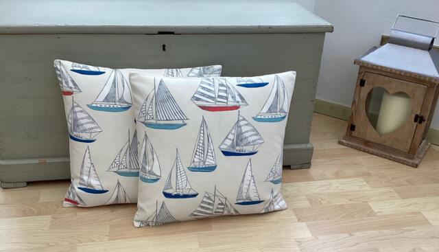 Sailing Boat Throw Pillow Covers Coastal Nautical Linen Cushions - 16 Inch, Pair - image 1