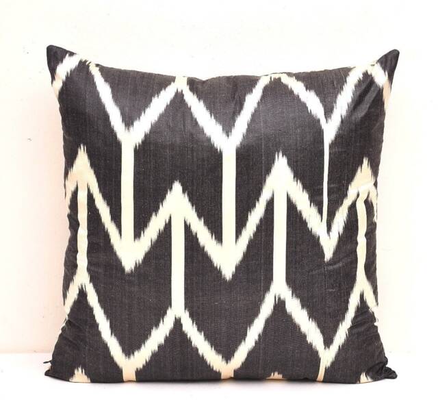 Black Ikat Pillow Cover, Handloom Silk Cotton Cushion - 20x20 - image 1