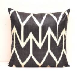 Black Ikat Pillow Cover, Handloom Silk Cotton Cushion - 20x20 - thumbnail 1