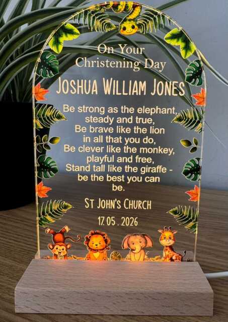 Personalised Christening Gift, Led Jungle Plaque, On Your Day Gift, Night Light, God Parent - image 1