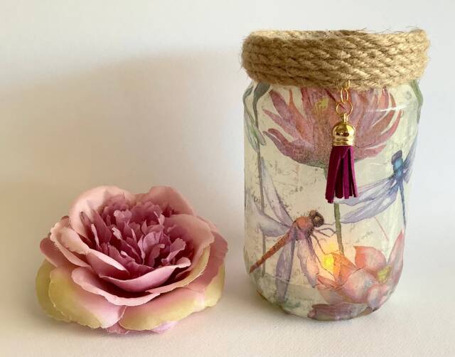 Dragonfly Light Jar Decoupage Glass Candle Holder - image 1