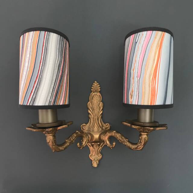Hand Marbled Coral Magma - Handmade, Candle Clip Half Shield Lampshade For Wall Lights - image 1