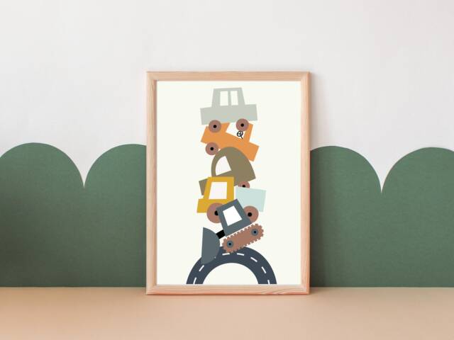 Kids Transport Print. Stacked Cars & Construction Vehicles. Perfect Wall Art For A Nursery, Bedroom Or Playroom - Print Only - image 1