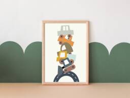 Kids Transport Print. Stacked Cars & Construction Vehicles. Perfect Wall Art For A Nursery, Bedroom Or Playroom - Print Only - thumbnail 1