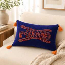 Tiger Embroidered Lumbar Pillow Cover, Blue Cut Velvet, Tasseled Boho Cushion Case - thumbnail 1