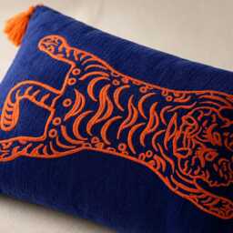 Tiger Embroidered Lumbar Pillow Cover, Blue Cut Velvet, Tasseled Boho Cushion Case - thumbnail 3