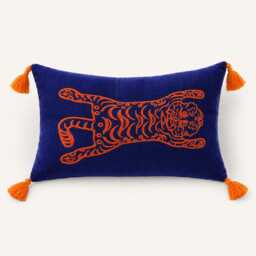 Tiger Embroidered Lumbar Pillow Cover, Blue Cut Velvet, Tasseled Boho Cushion Case - thumbnail 4