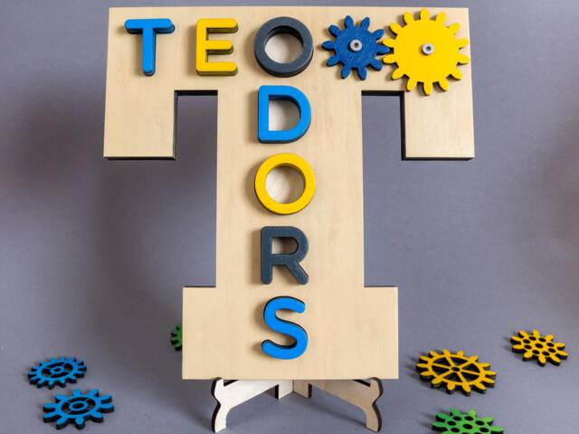Personalized Name Puzzle On First Letter, Birthday Gift For 3Yo Boy, Busy Board With Gears, Learn Your Game - image 1