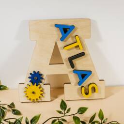 Personalized Name Puzzle On First Letter, Birthday Gift For 3Yo Boy, Busy Board With Gears, Learn Your Game - thumbnail 2