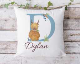 Personalised Baby Name Initial Cushion Highland Cow Nursery Decor - thumbnail 1