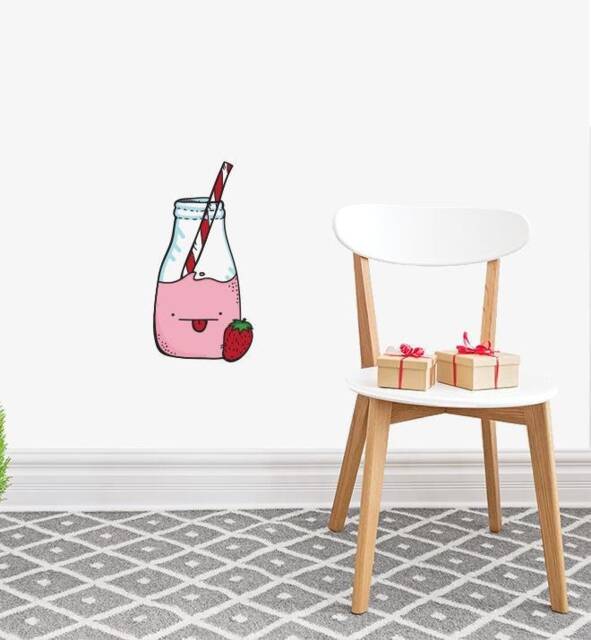 Yummy Strawberry Milk Wall Sticker Decal - Kids Stickers, Animals Childrens Decals, Art, Room, Girl, Boy