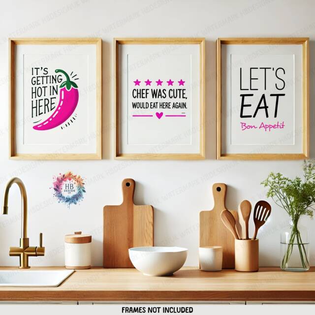 Pink Kitchen Prints - Set Of 3 Wall Art - Let's Eat, Chef Was Cute, Chilli Quotes Dining Room Decor Home Posters Gallery - image 1