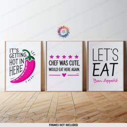 Pink Kitchen Prints - Set Of 3 Wall Art - Let's Eat, Chef Was Cute, Chilli Quotes Dining Room Decor Home Posters Gallery - thumbnail 2