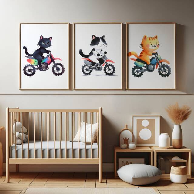 Cat Biker Nursery Prints - Set Of 3 Kids Posters - Dirt Bike Wall Art Animals Boys Room Motorbike Girl Playroom Decor Baby Boy Gifts - image 1