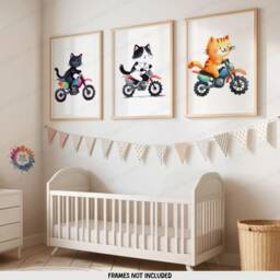 Cat Biker Nursery Prints - Set Of 3 Kids Posters - Dirt Bike Wall Art Animals Boys Room Motorbike Girl Playroom Decor Baby Boy Gifts - thumbnail 2