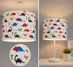 New Handmade Kids/ Children Room Multicoloured Dinosaur Patterns Drum Shape Table & Ceiling Lamp Shades - thumbnail 1