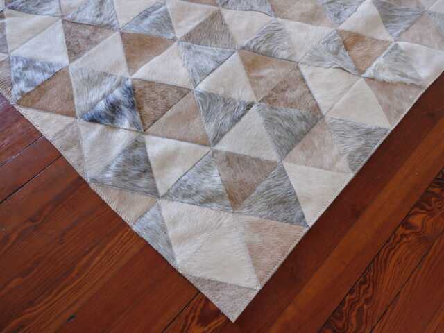 Cowhide Patchwork Rug White, Cream & Grey Triangles - image 1