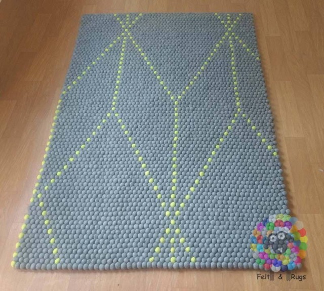 Rectangle Felt Ball Rug Gray Wool Carpet With Florescent Green Pattern - image 1