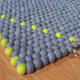 Rectangle Felt Ball Rug Gray Wool Carpet With Florescent Green Pattern - thumbnail 4