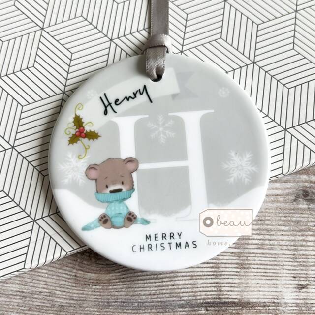 Personalised Merry Christmas Gift Child Boy Girl Bear Snowflake Ceramic & Acrylic Round Tree Decoration Ornament Keepsake Gift - image 1