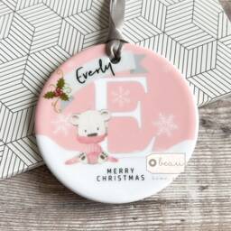 Personalised Merry Christmas Gift Child Boy Girl Bear Snowflake Ceramic & Acrylic Round Tree Decoration Ornament Keepsake Gift - thumbnail 2