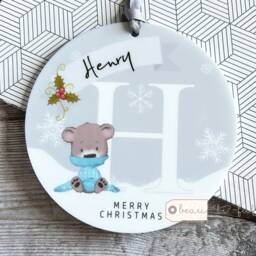Personalised Merry Christmas Gift Child Boy Girl Bear Snowflake Ceramic & Acrylic Round Tree Decoration Ornament Keepsake Gift - thumbnail 3