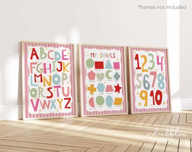 Set Of 3 Bright Pink Educational Nursery Prints, & Purple Shapes Print, Alphabet Chart, Numbers Girl Decor, Playroom Prints - image 1