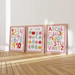 Set Of 3 Bright Pink Educational Nursery Prints, & Purple Shapes Print, Alphabet Chart, Numbers Girl Decor, Playroom Prints - thumbnail 2