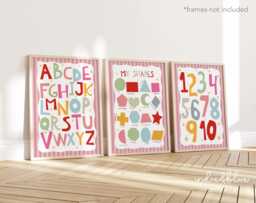 Set Of 3 Bright Pink Educational Nursery Prints, & Purple Shapes Print, Alphabet Chart, Numbers Girl Decor, Playroom Prints - thumbnail 1