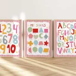 Set Of 3 Bright Pink Educational Nursery Prints, & Purple Shapes Print, Alphabet Chart, Numbers Girl Decor, Playroom Prints - thumbnail 3