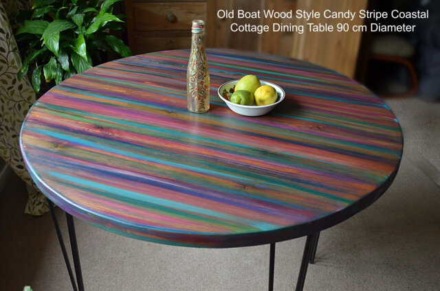 Round Kitchen Dining Table Coastal Cottage Furniture Unique Candy Stripe Colours Black Hair Pin Legs Wood Also Available - image 1