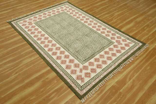 Handmade Cotton Kilim Rug Indian Block Print Boho Rug, Green & Pink - image 1