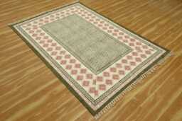Handmade Cotton Kilim Rug Indian Block Print Boho Rug, Green & Pink