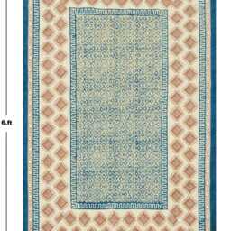 Handmade Cotton Kilim Rug Indian Block Print Boho Rug, Green & Pink - thumbnail 4
